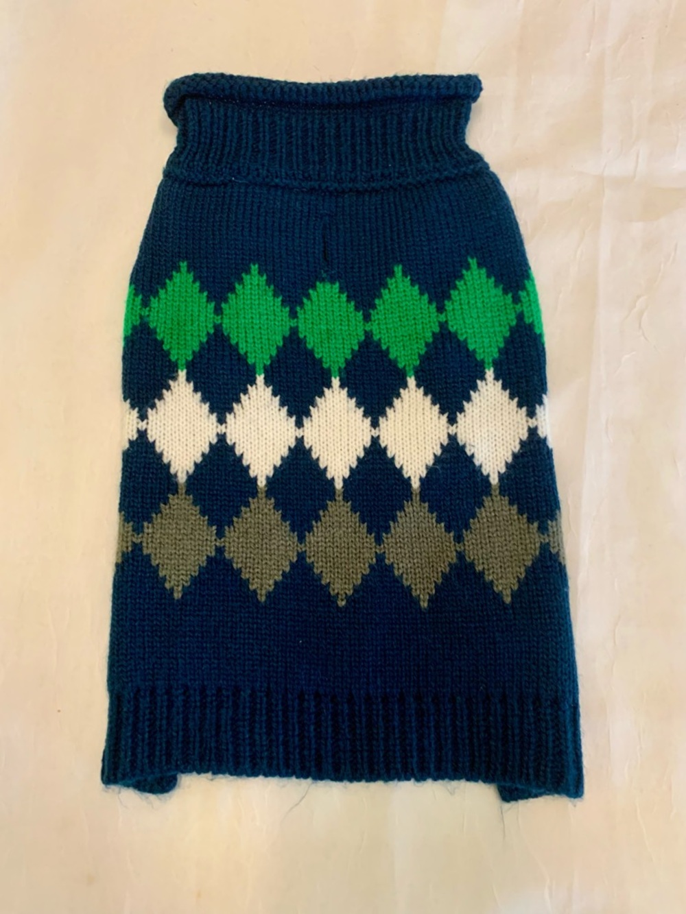 Worthy dog Navy Argyle Knit Dog Sweater with Green, White and Olive Diamonds